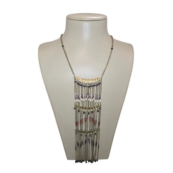 Express Women's Bohemian Brass Plated Beaded Statement Fringe Necklace NWT - Picture 3 of 5